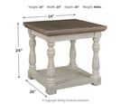 Rectangular end table with gray top and whitewash turned legs, plus lower shelf