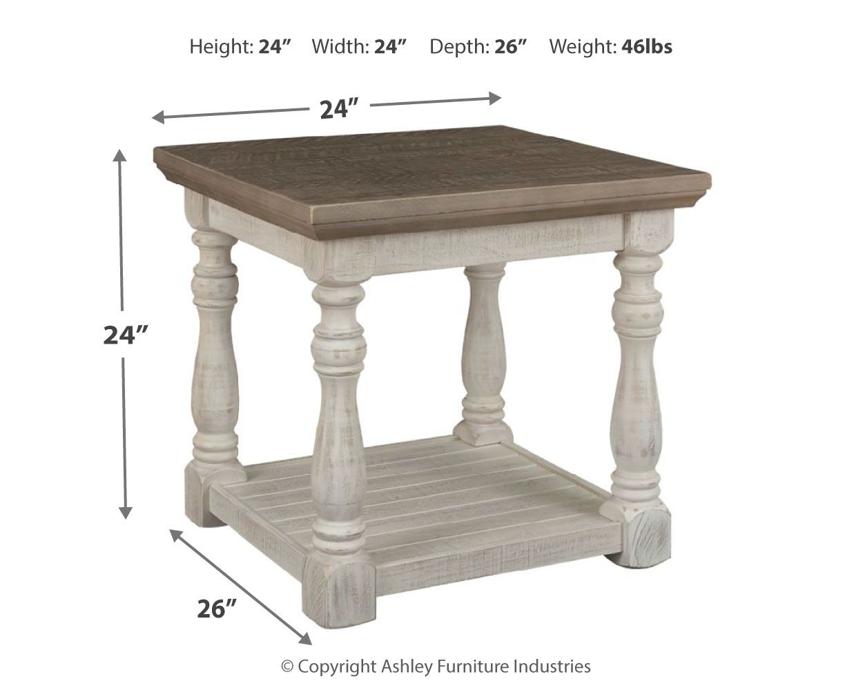 Rectangular end table with gray top and whitewash turned legs, plus lower shelf