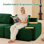 Green corduroy modular sectional sofa with plush armrests and seat cushions