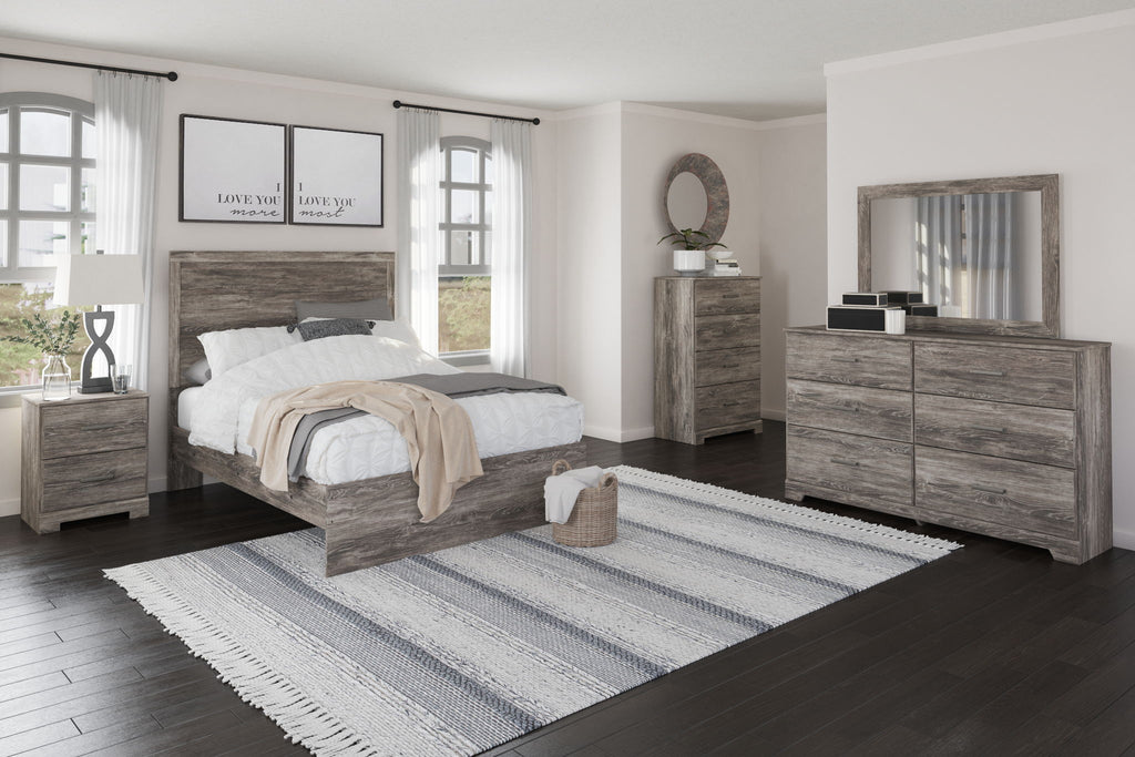 Gray full panel headboard and footboard with plank woodgrain panels