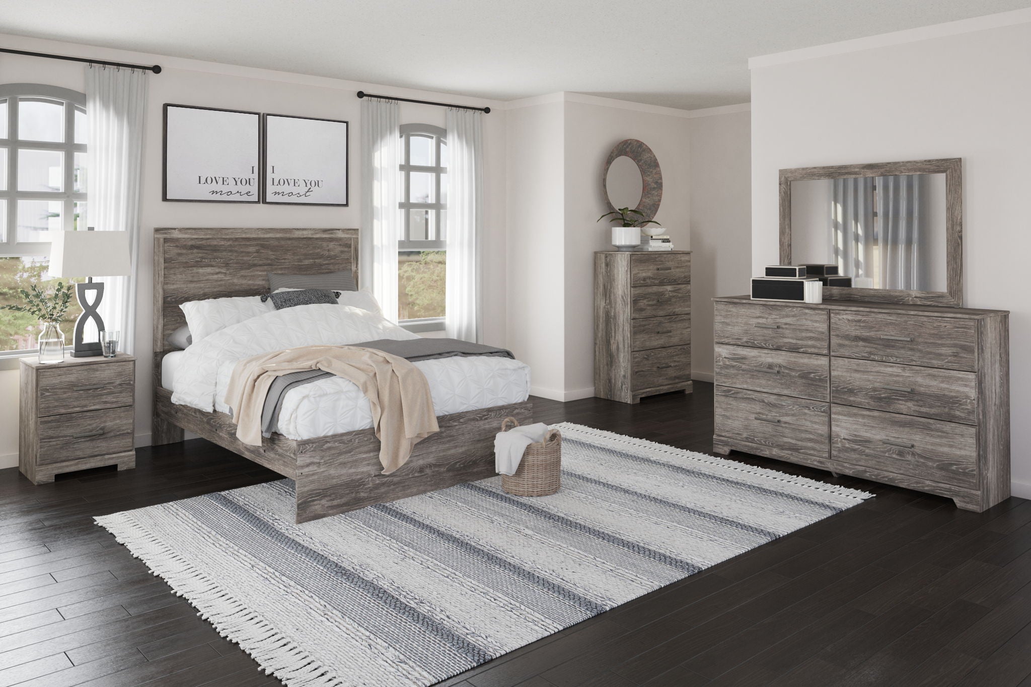 Gray full panel headboard and footboard with plank woodgrain panels
