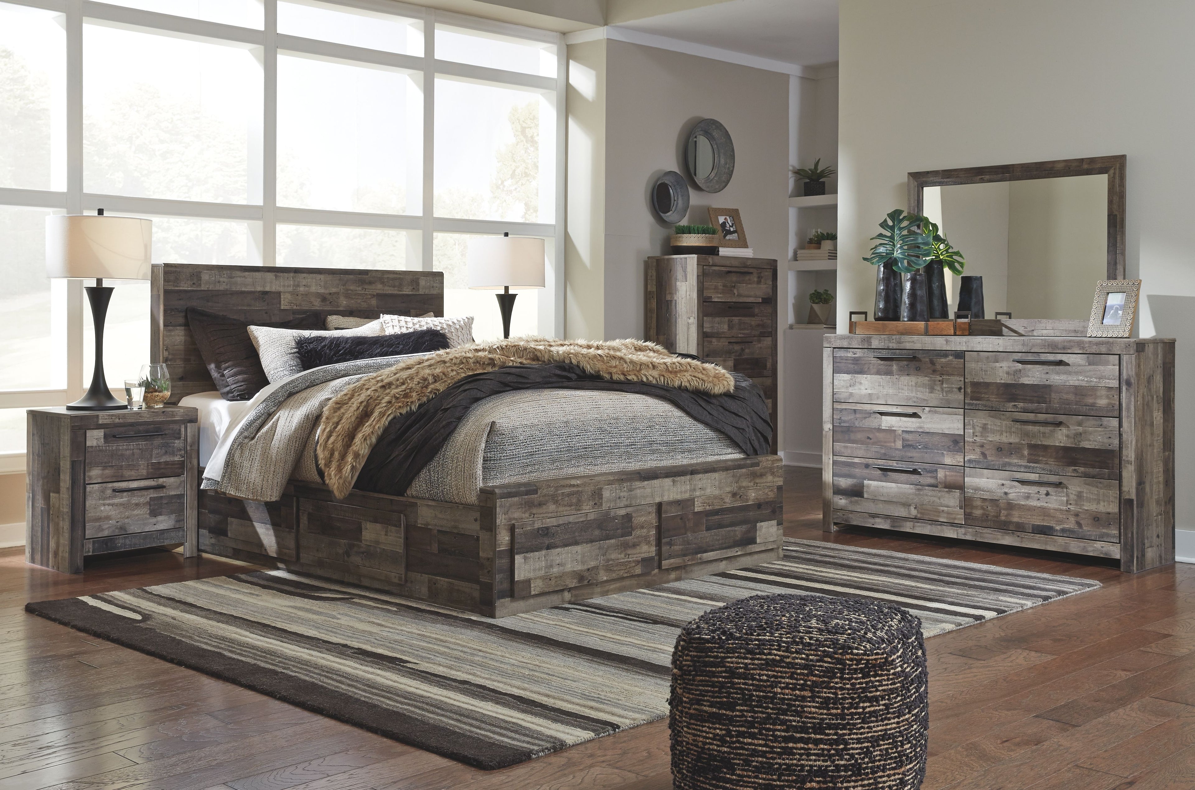 Youth panel bedroom set with dark wood bed frame, nightstand, and dresser with mirror