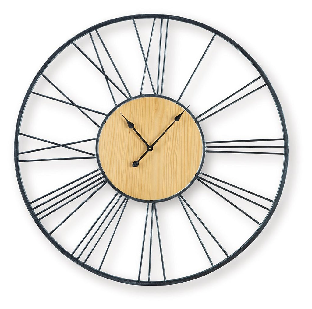 Black and natural wall clock with round wood dial, black metal rim, and metal hands