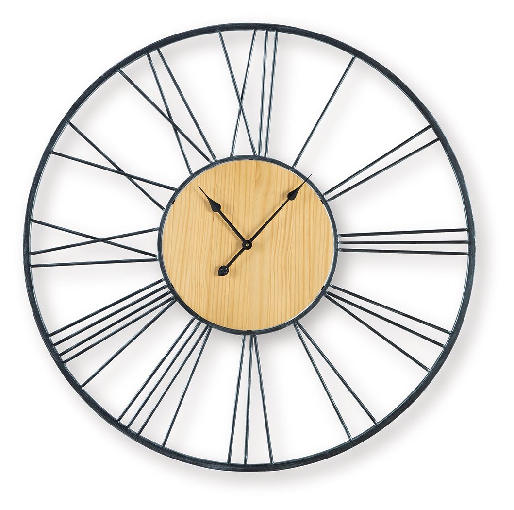 Black and natural wall clock with round wood dial, black metal rim, and metal hands