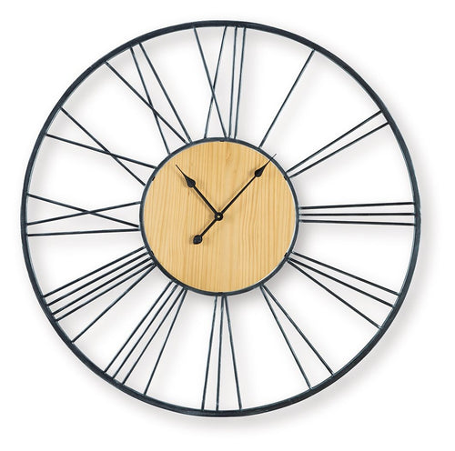 Black and natural wall clock with round wood dial, black metal rim, and metal hands