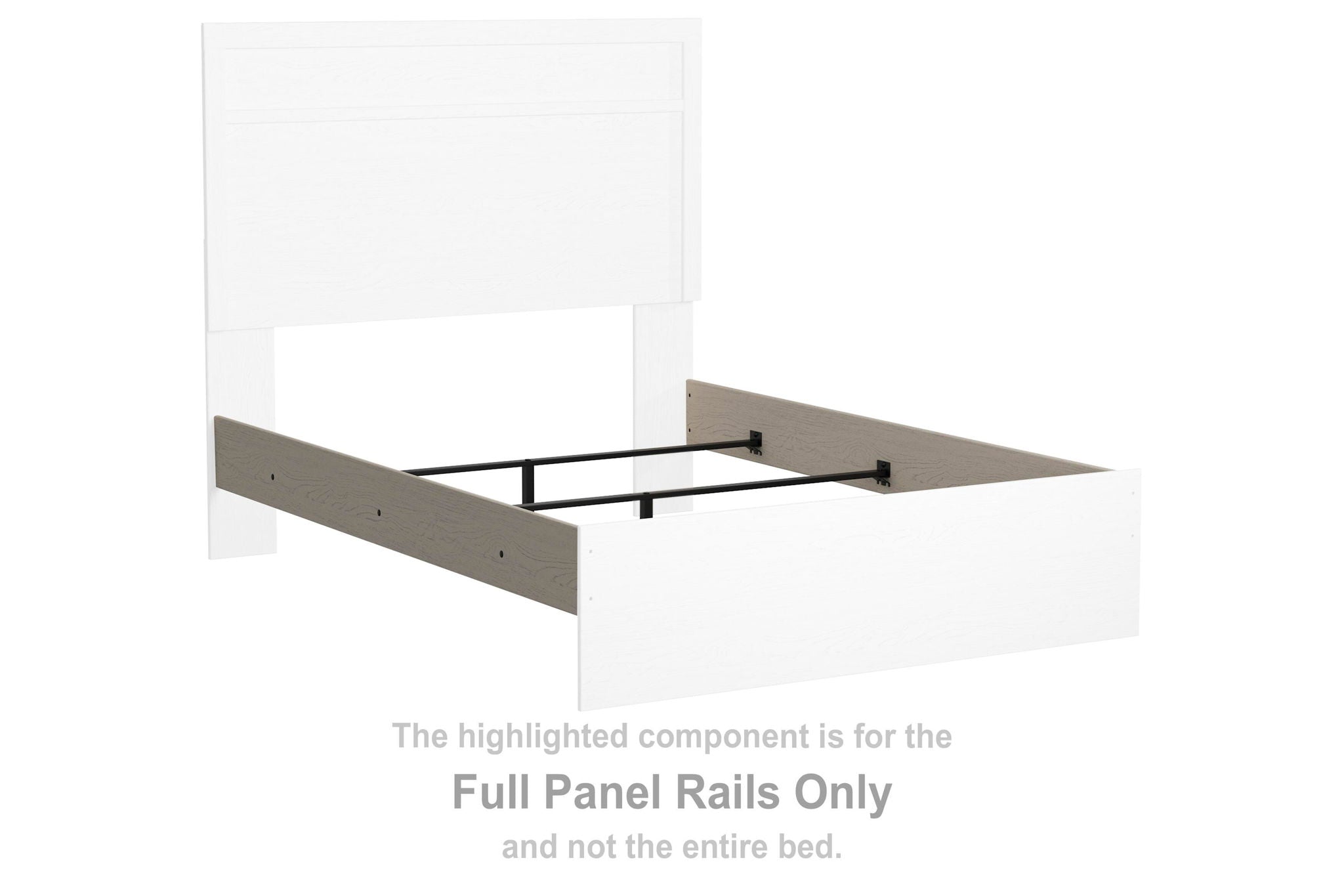 White full panel rails bed frame component with gray side brackets