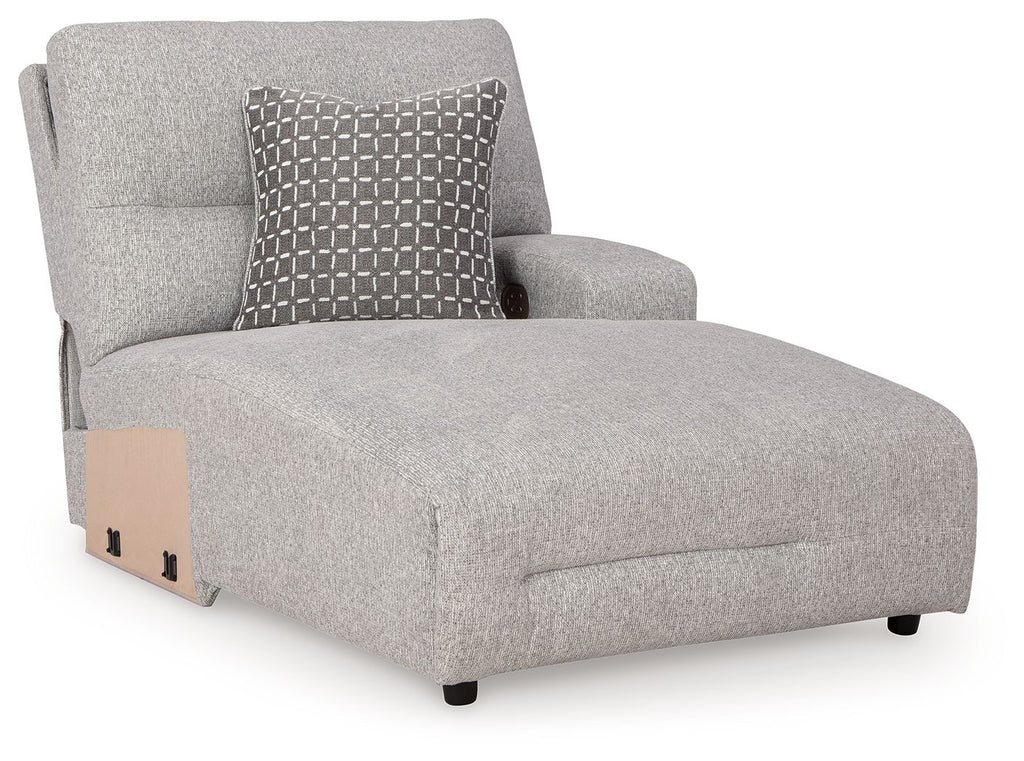 Pewter fabric power reclining chaise with patterned back pillow and boxy seat