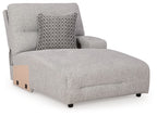 Pewter fabric power reclining chaise with patterned back pillow and boxy seat