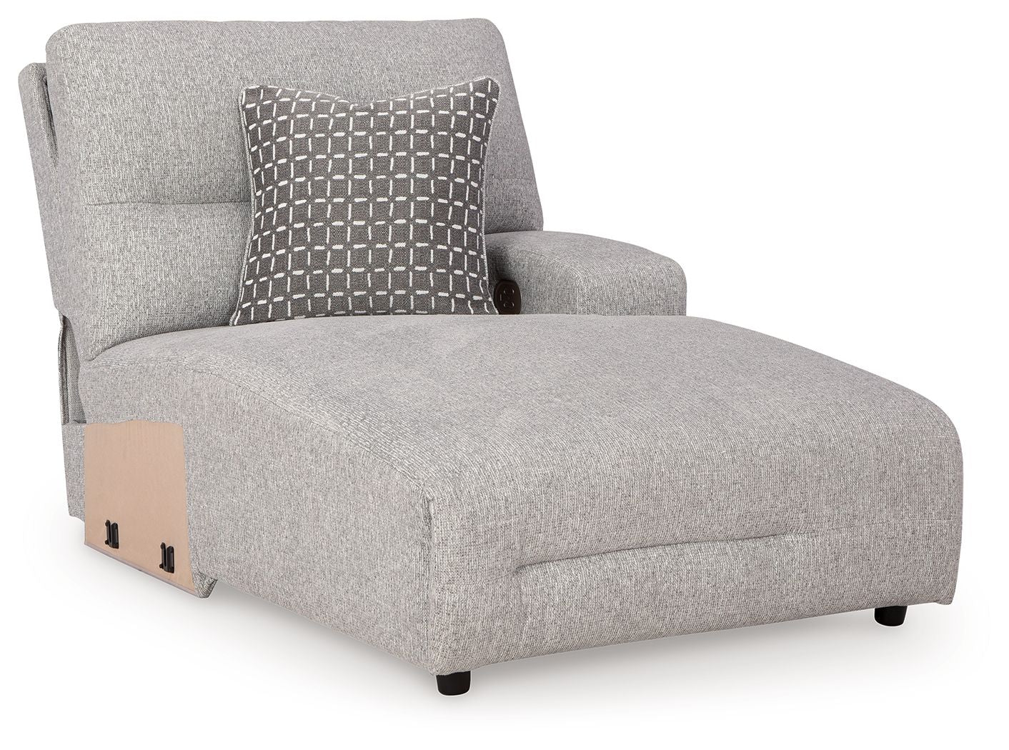 Pewter fabric power reclining chaise with patterned back pillow and boxy seat