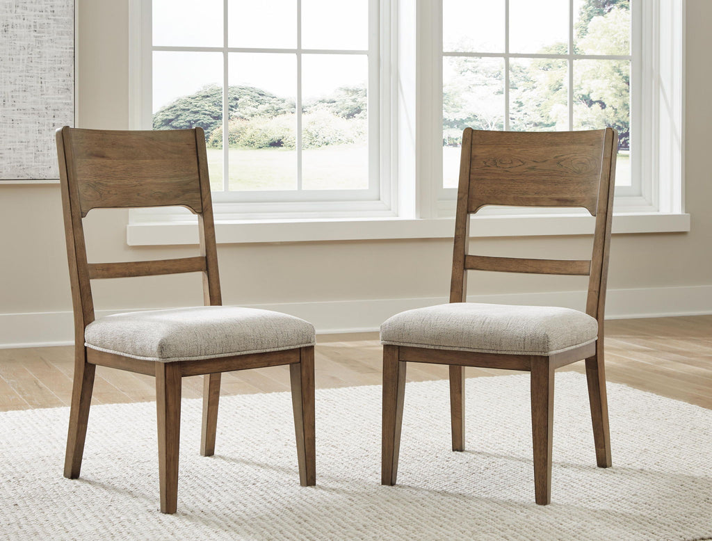 Upholstered dining side chairs set of 2, light oatmeal seats, light brown wooden frames