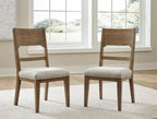 Upholstered dining side chairs set of 2, light oatmeal seats, light brown wooden frames