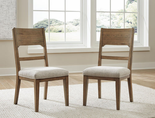 Upholstered dining side chairs set of 2, light oatmeal seats, light brown wooden frames