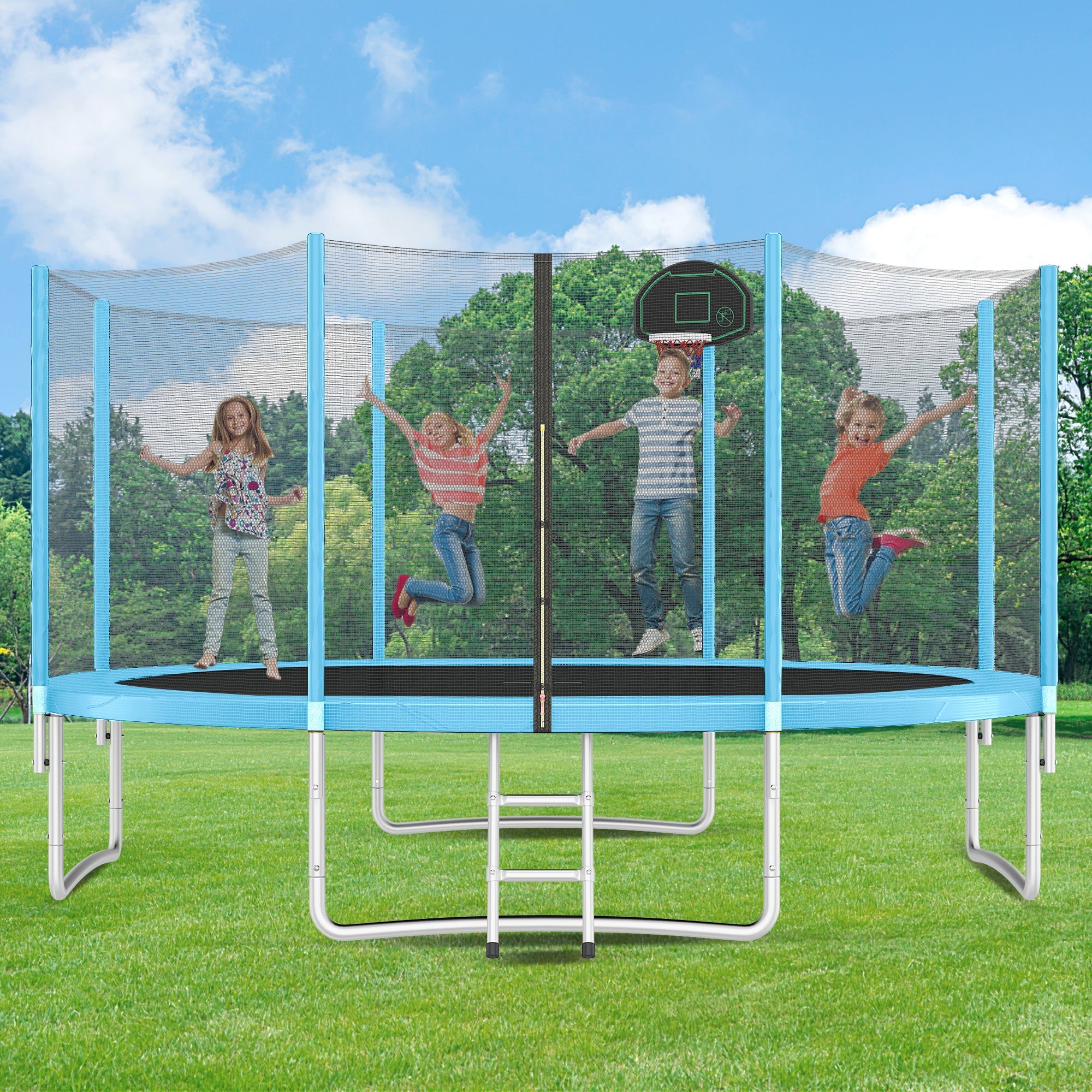 14FT Trampoline with Enclosure Net, Hoop & Ladder-American Furniture Outlet