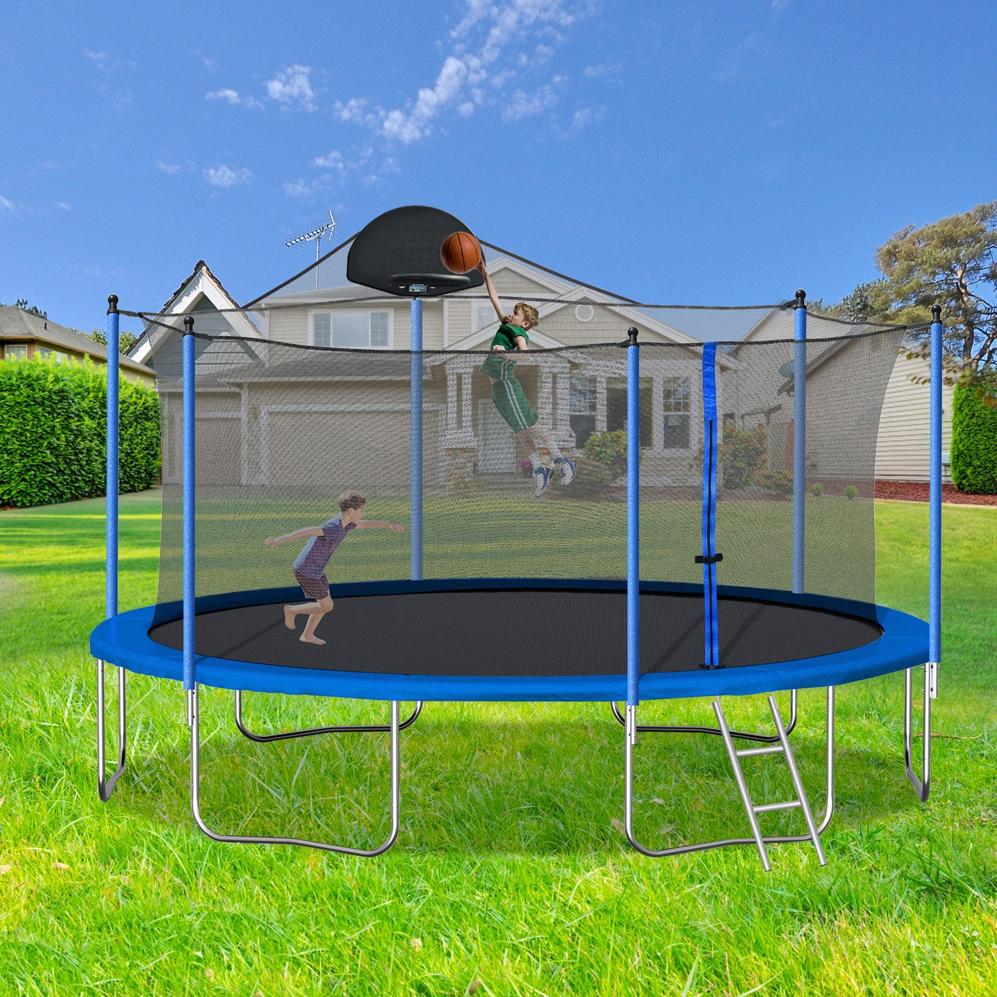 14FT Trampoline with Hoop, Ladder & Net-American Furniture Outlet