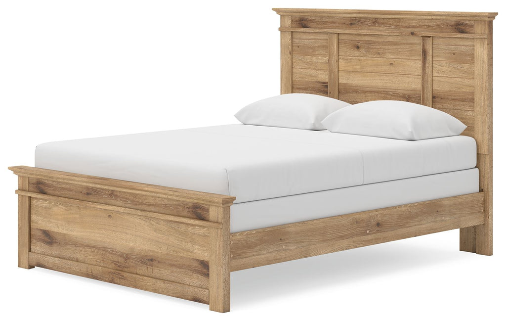 Light brown panel bed with low slatted rails and white pillows on mattress