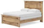 Light brown panel bed with low slatted rails and white pillows on mattress