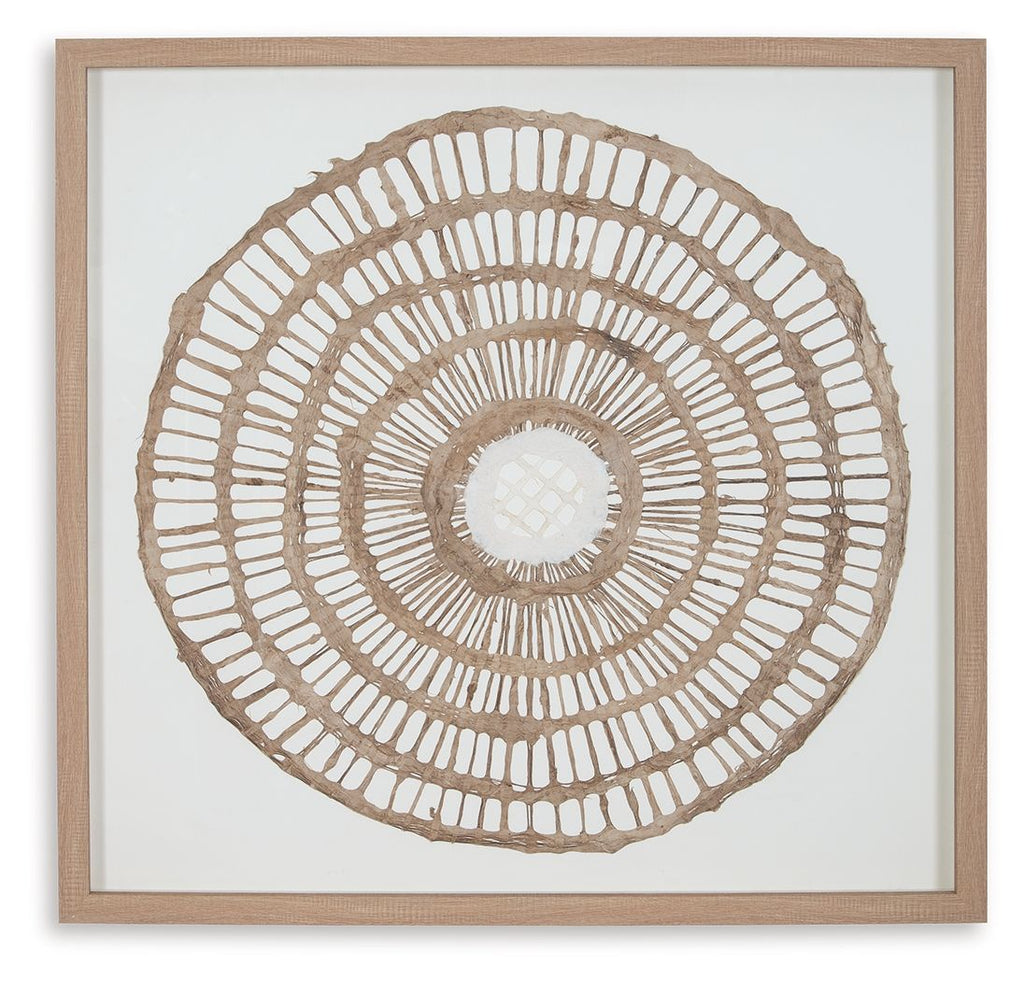Framed circular wall decor, close view of brown concentric woven rope rings