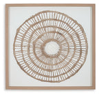 Framed circular wall decor, close view of brown concentric woven rope rings