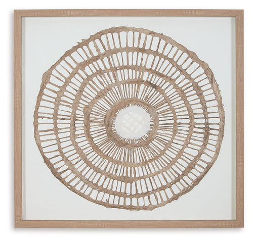 Framed circular wall decor, close view of brown concentric woven rope rings