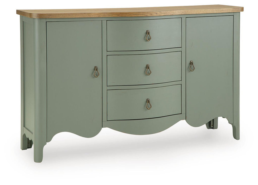 Antique green accent cabinet with wood top, three drawers, scalloped apron and brass pulls