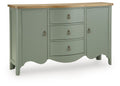 Antique green accent cabinet with wood top, three drawers, scalloped apron and brass pulls