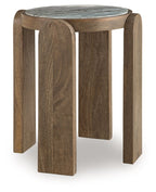 Round accent table with gray marble-look top and carved brown wood legs.