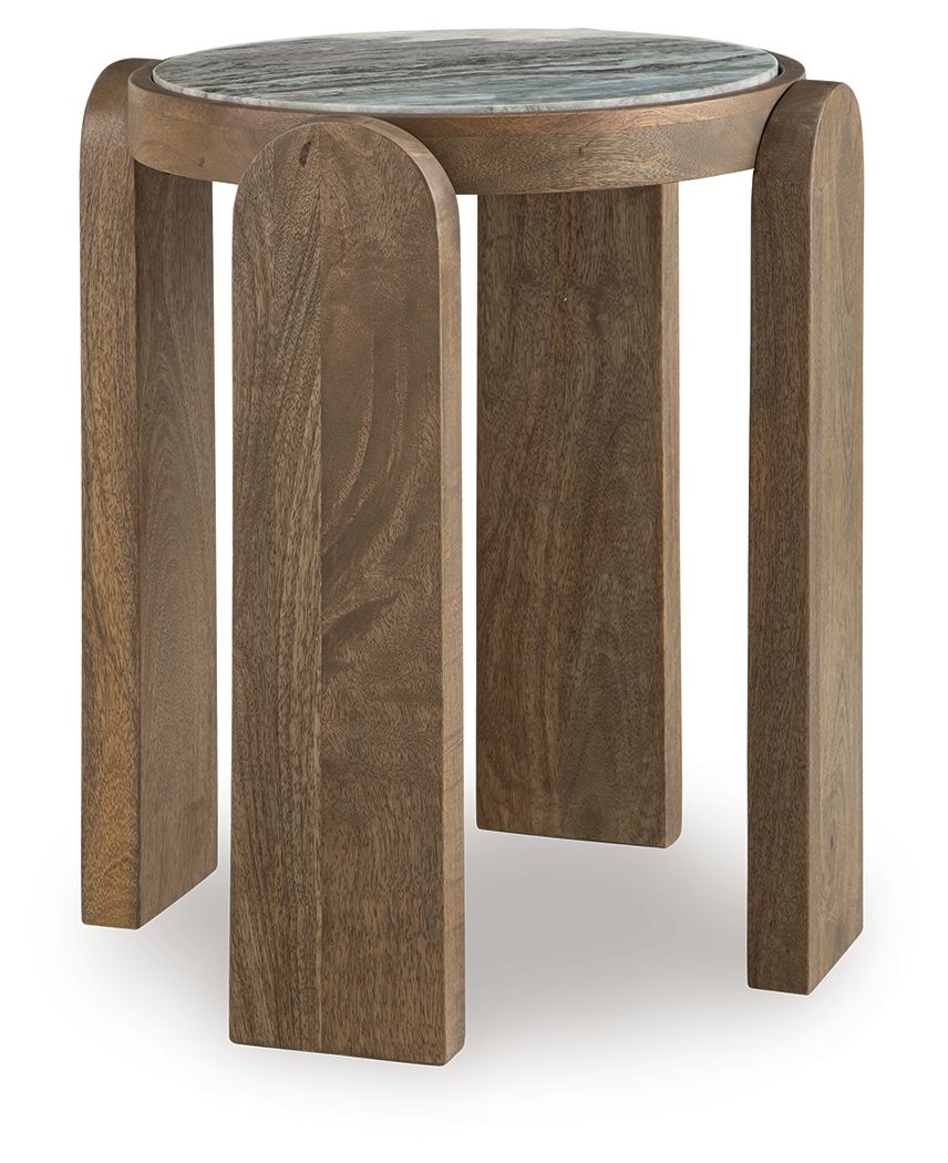 Round accent table with gray marble-look top and carved brown wood legs.