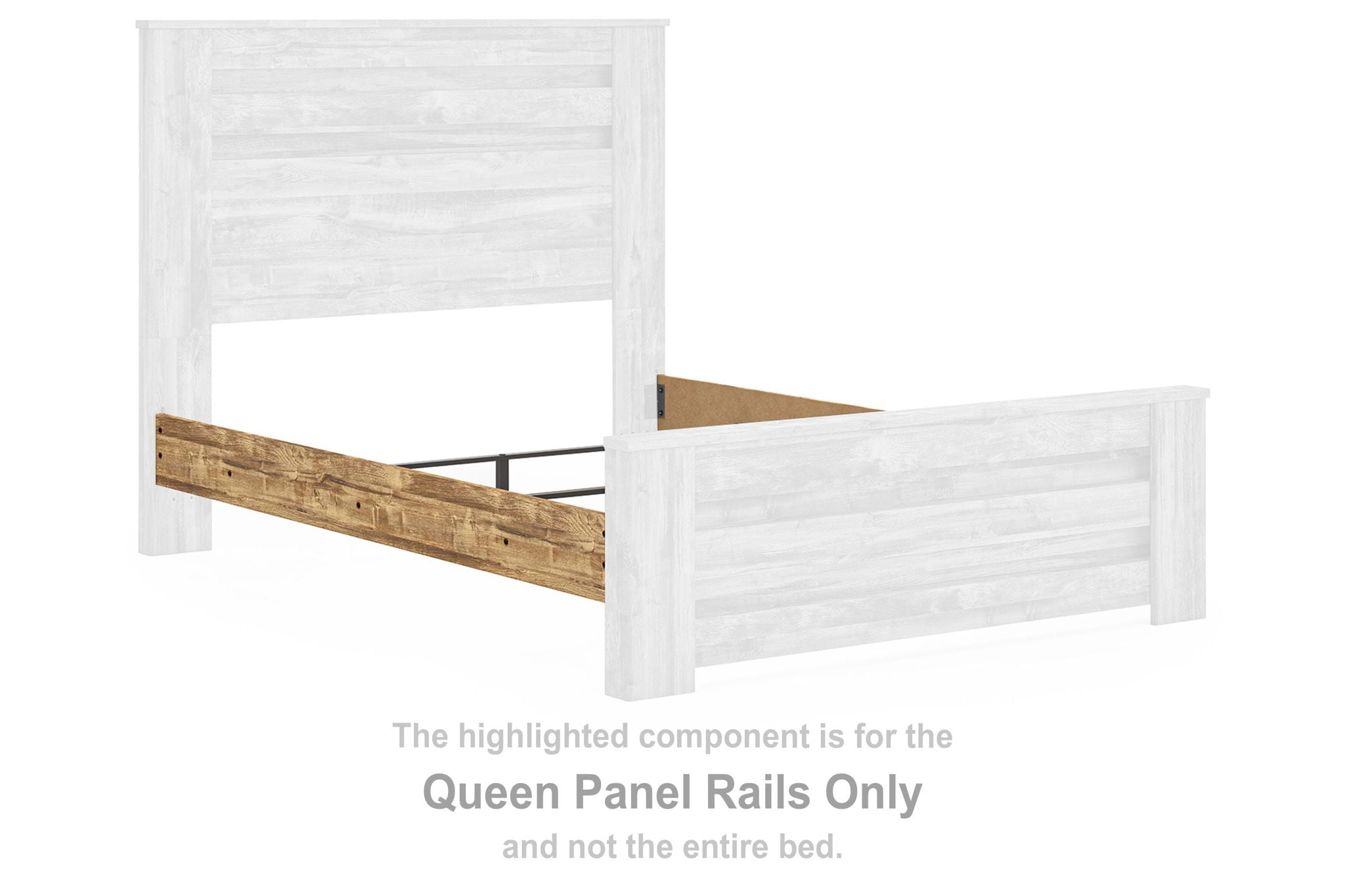 Queen panel rails with white slatted panels and dark brown wooden trim