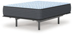 Blue firm mattress with quilted top and dark gray base, corner view on legs
