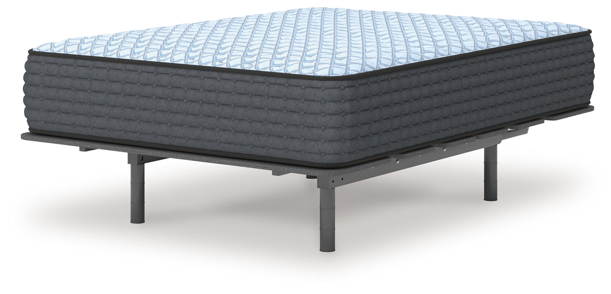 Blue firm mattress with quilted top and dark gray base, corner view on legs