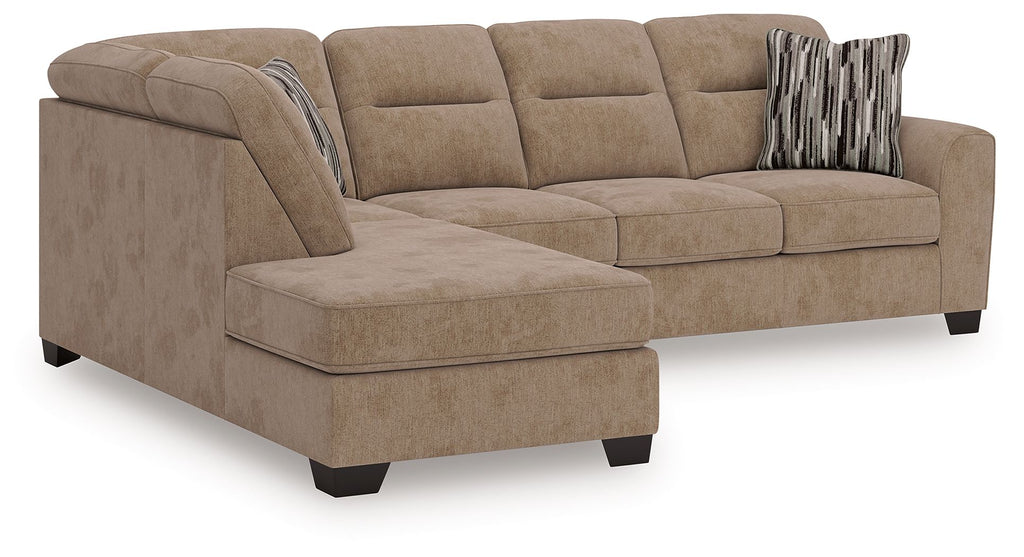 Mocha sectional sofa with chaise extension, tufted cushions and two accent pillows