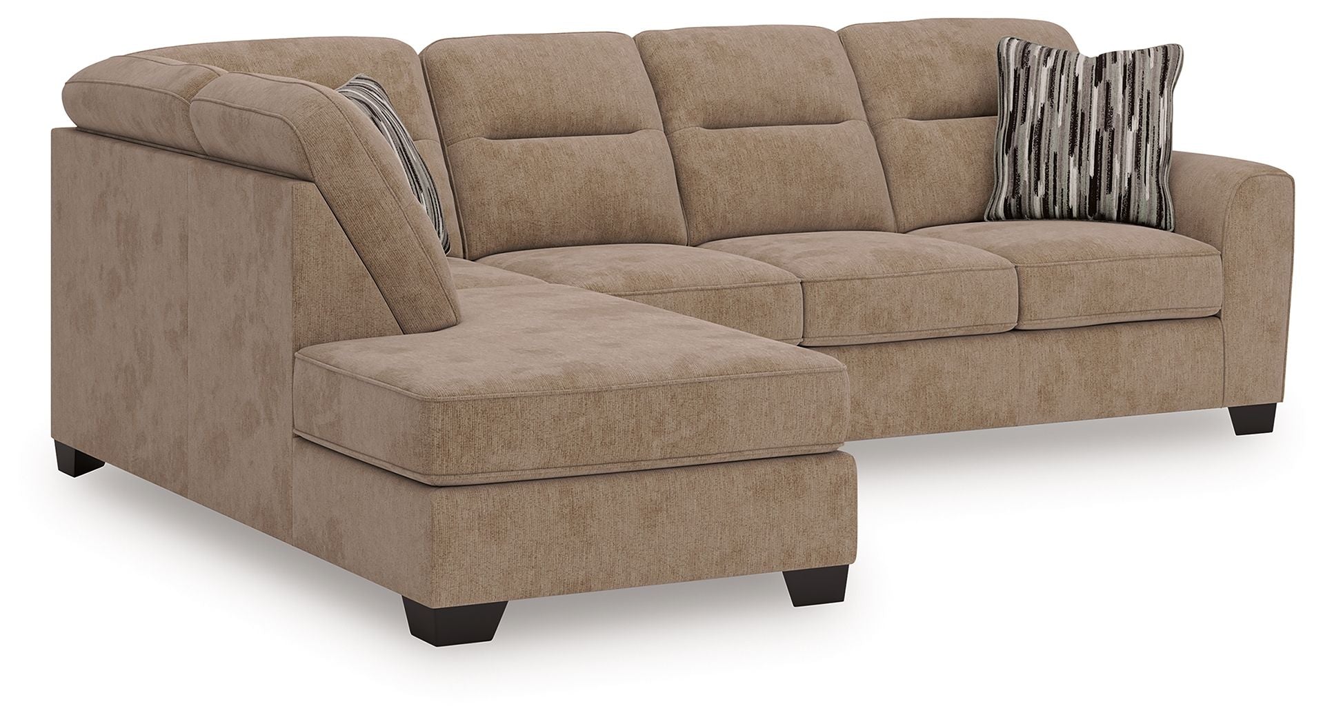Mocha sectional sofa with chaise extension, tufted cushions and two accent pillows