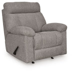 Rocker recliner chair in medium gray fabric, angled view with padded headrest
