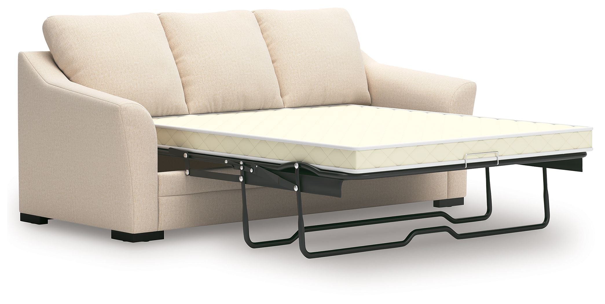 Queen sofa chaise sleeper with chaise pull-out bed frame, light beige upholstery and cushions
