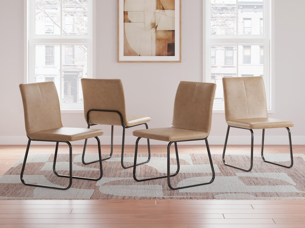 Dining side chair set of 4 with tan fabric upholstery and black metal sled-style legs