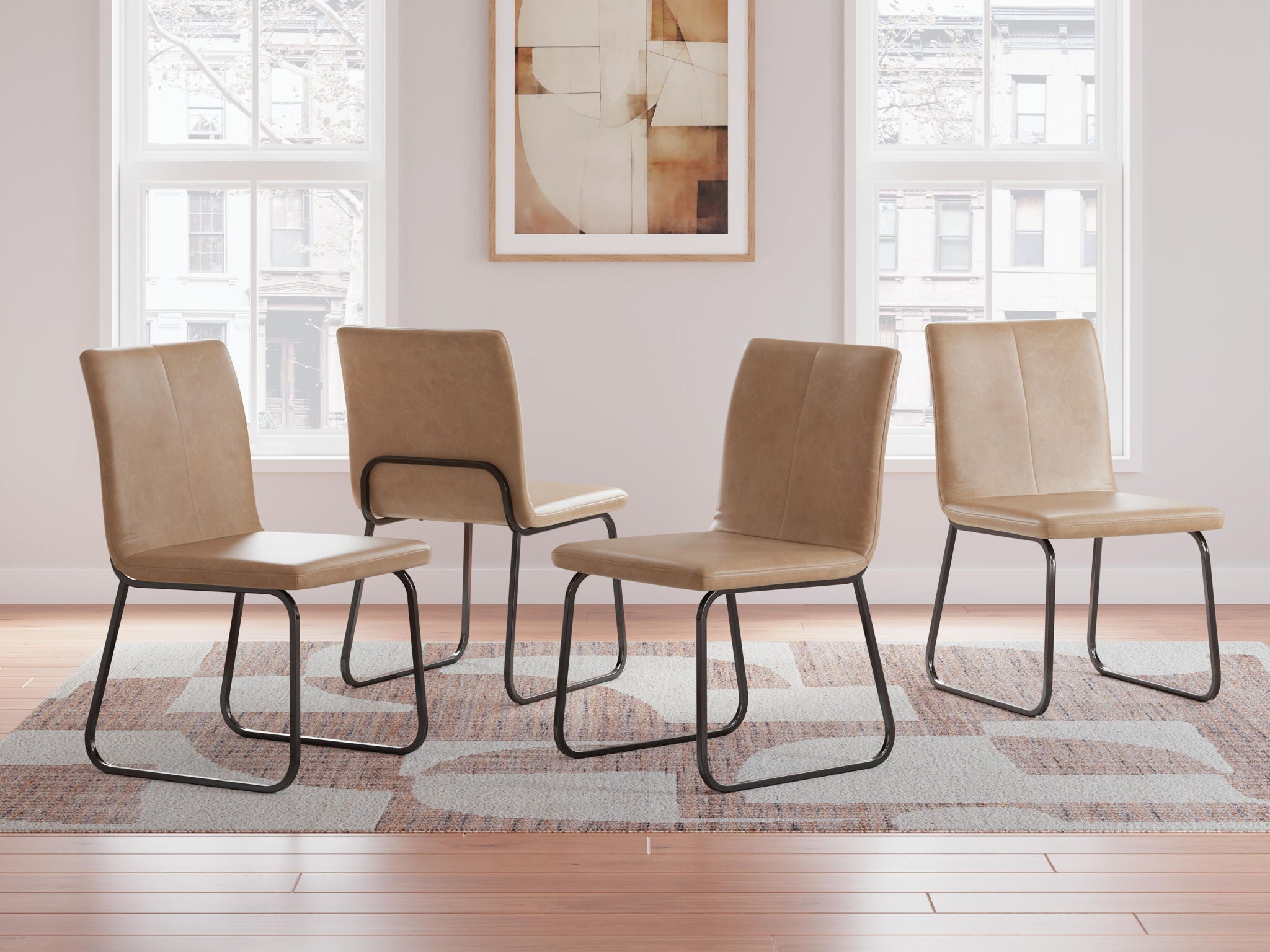 Dining side chair set of 4 with tan fabric upholstery and black metal sled-style legs