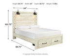 Beige panel bed with paneled headboard, white mattress, and two front drawers