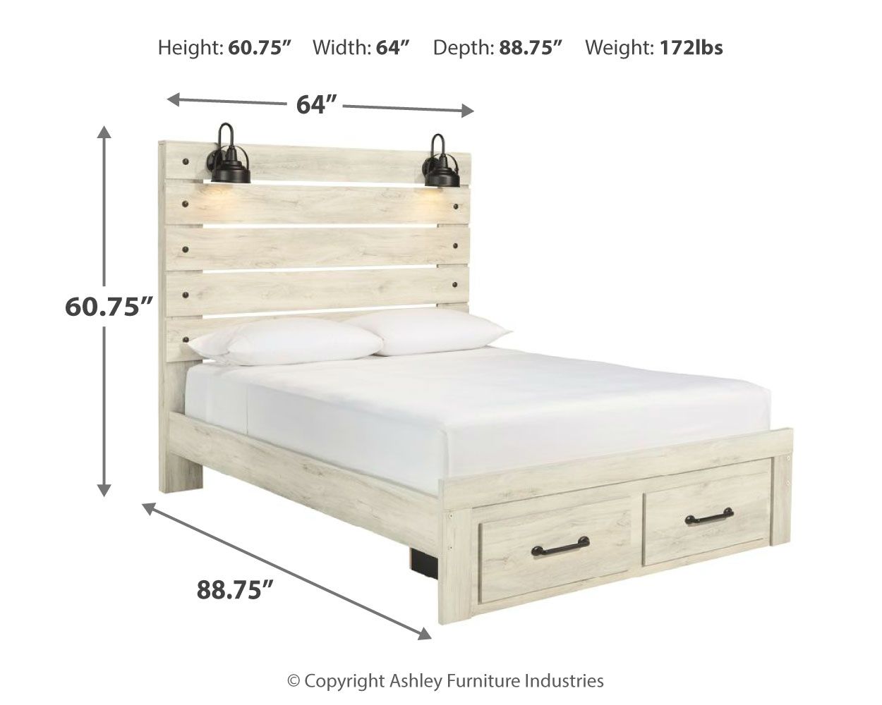 Beige panel bed with paneled headboard, white mattress, and two front drawers