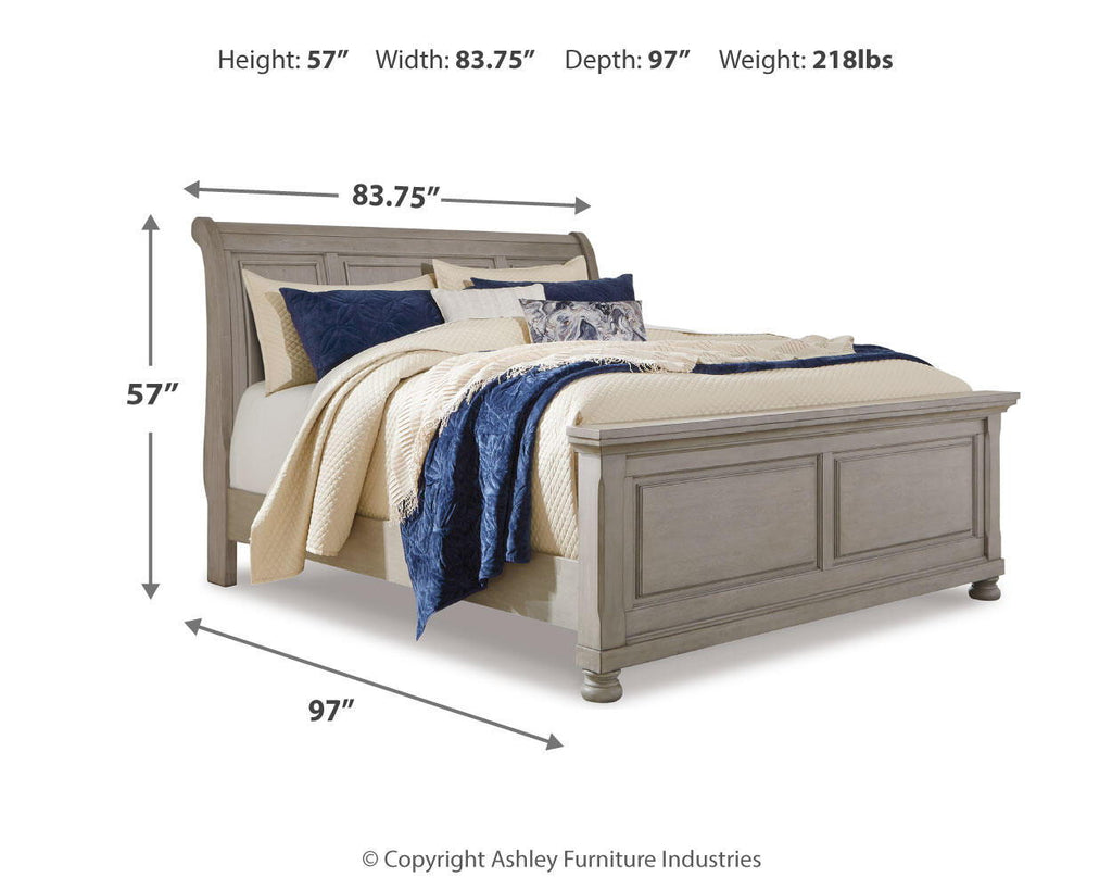 Gray sleigh bed with two side drawers and sloped headboard frame