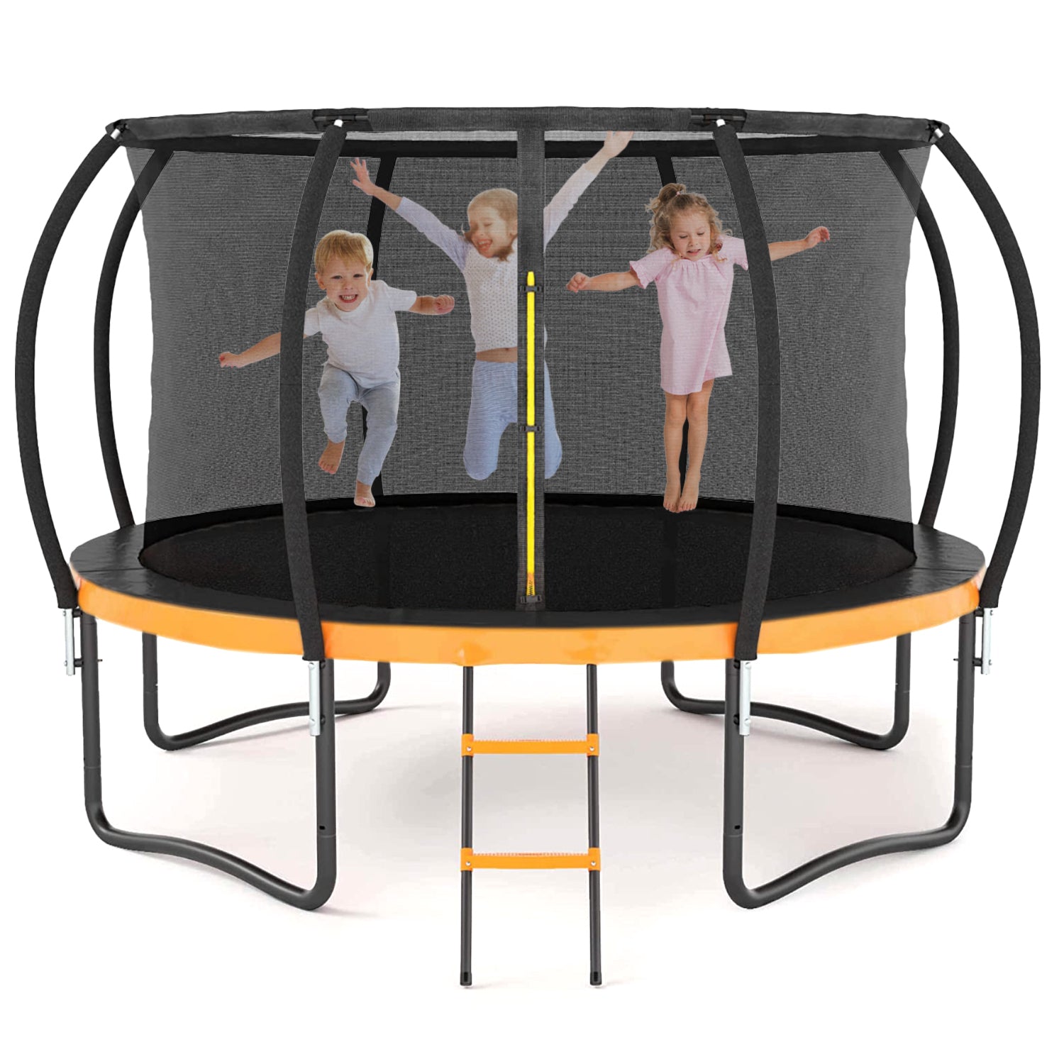 12FT Outdoor Big Trampoline with Inner Safety Enclosure Net, Ladder, PVC Spring Cover Padding - For Kids - Black & Orange Color | Safe and Fun Outdoor Play Equipment |