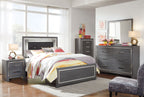 Youth panel bed frame in gray with upholstered headboard and side storage drawers