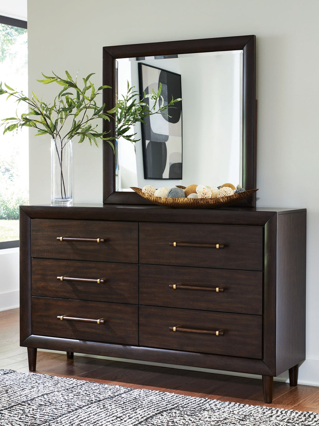 Dark brown dresser with mirror, six drawers, brass bar pulls