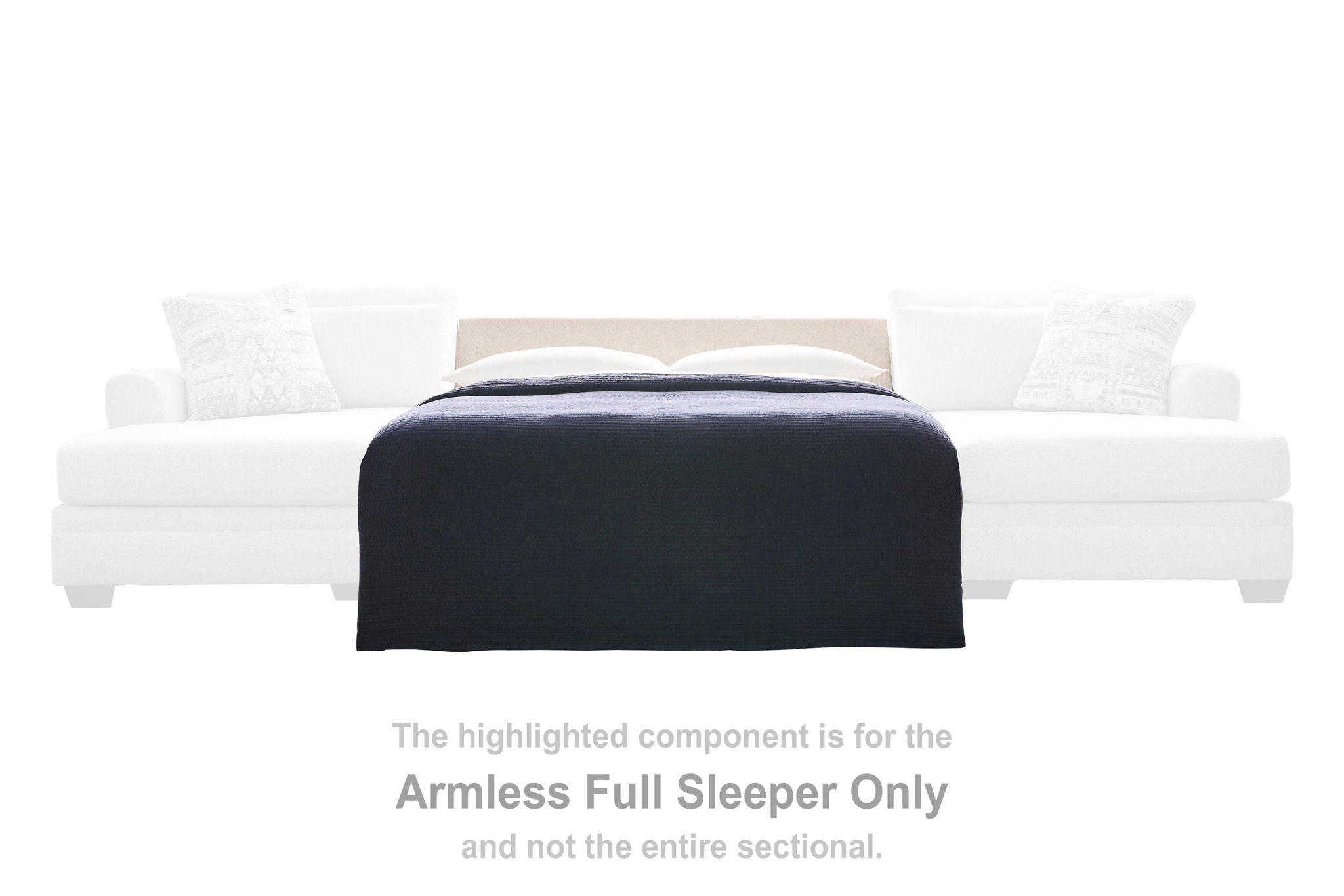 Armless full sleeper with dark upholstered cover and white accent pillows