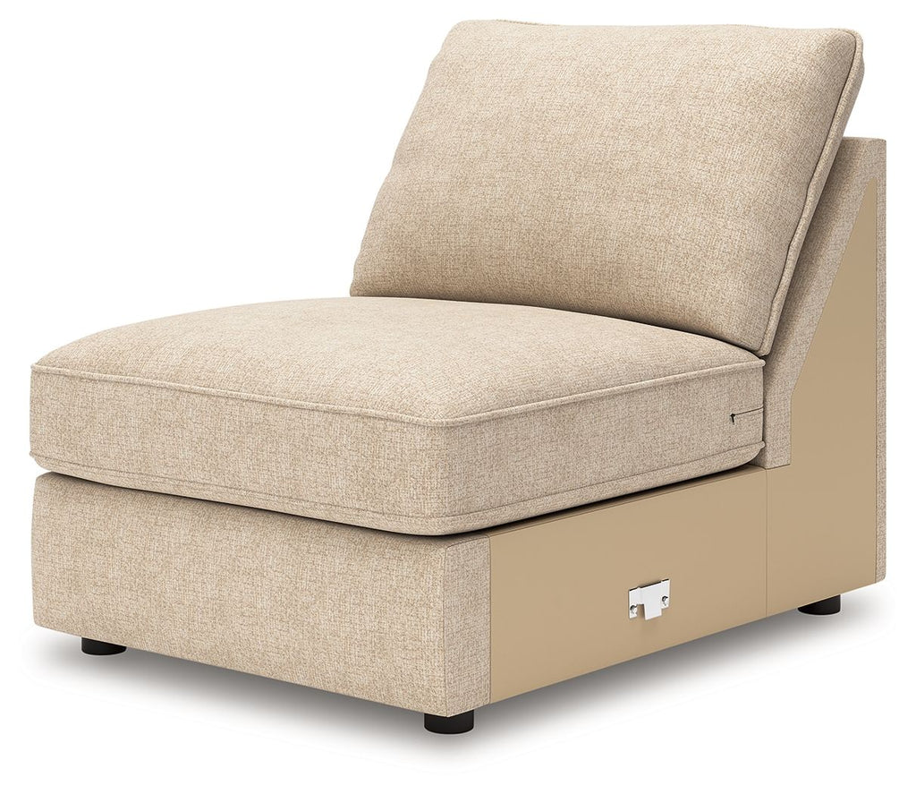 Upholstered armless chair with sand fabric, tall backrest, and boxy seat base