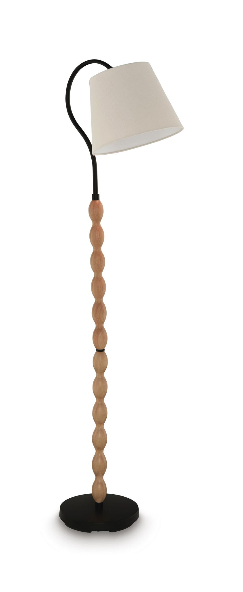Wood floor lamp with off-white shade, black curved stem, and carved wooden column base