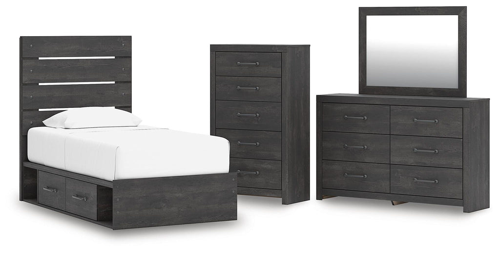 Dark gray twin storage bed set with dresser, mirror, and chest