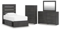 Dark gray twin storage bed set with dresser, mirror, and chest