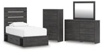 Dark gray twin storage bed set with dresser, mirror, and chest