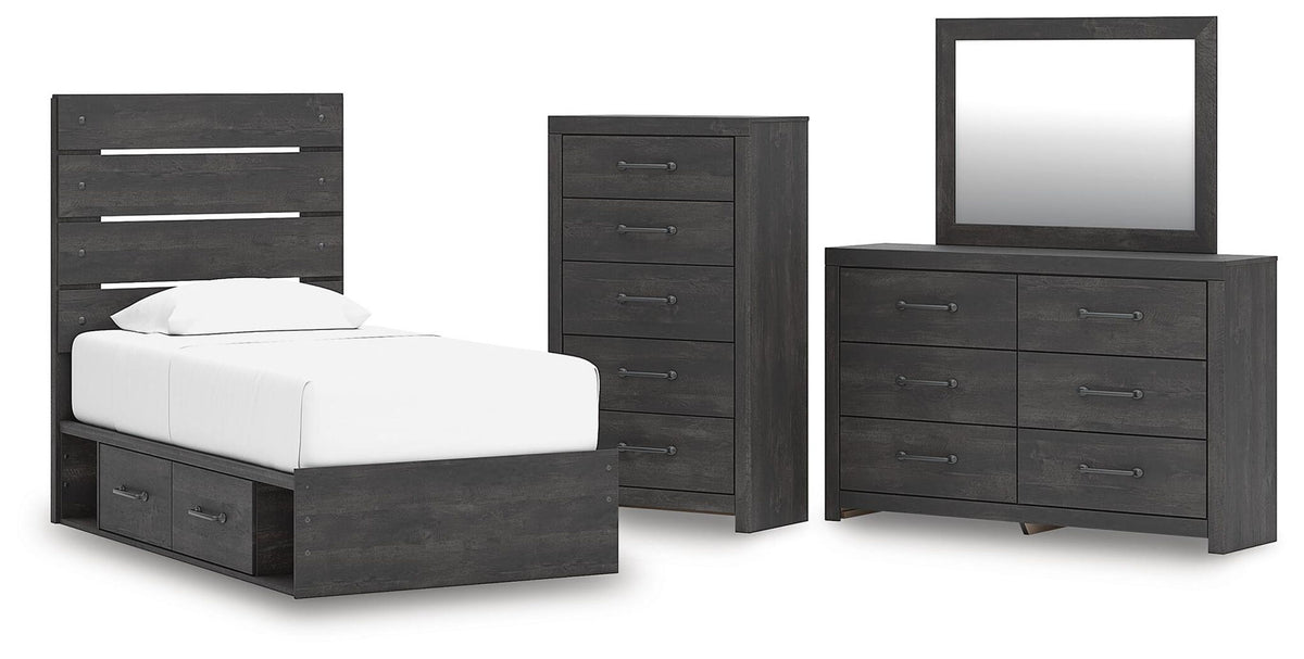 Dark gray twin storage bed set with dresser, mirror, and chest