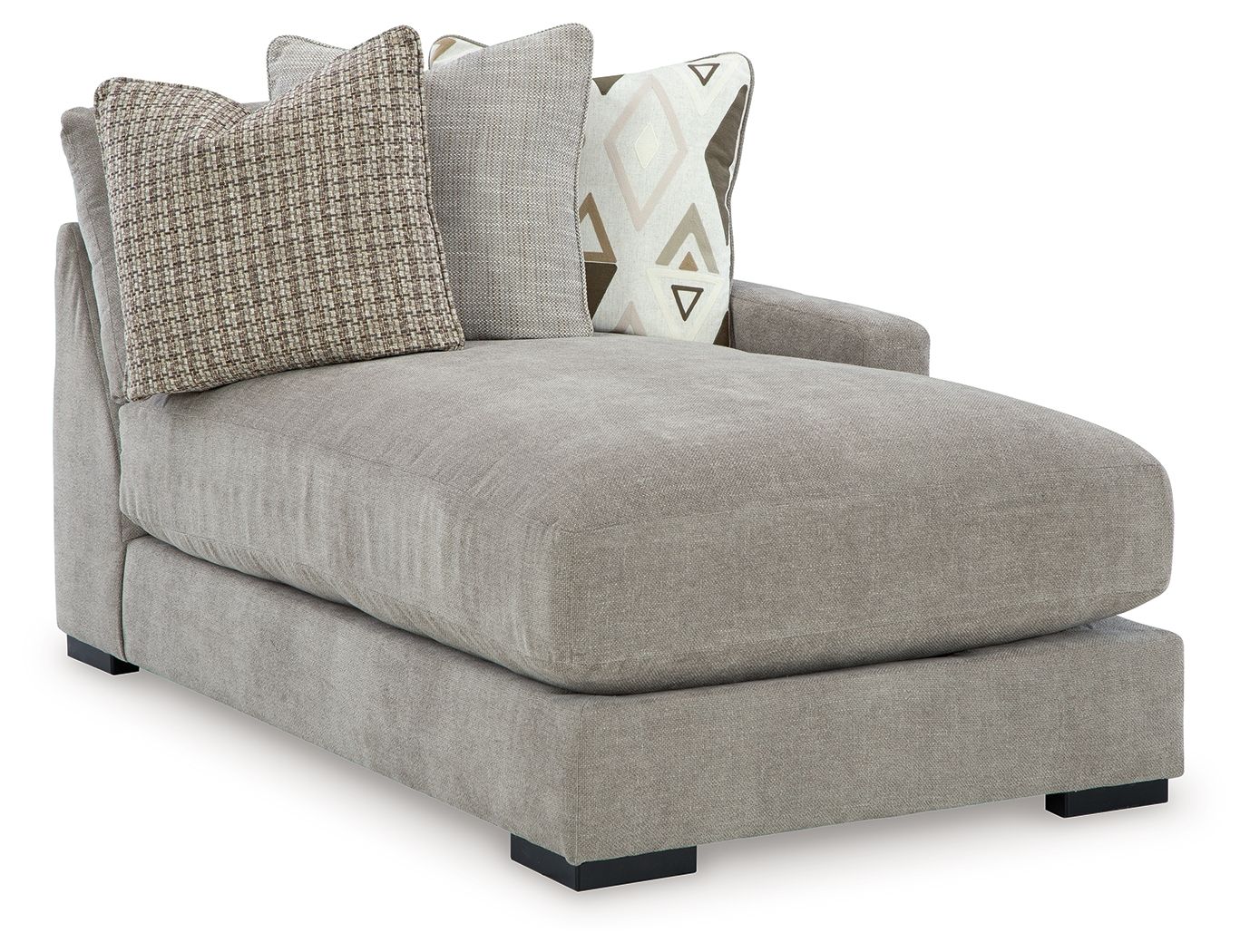 Pebble gray corner chaise with two throw pillows and fabric upholstery